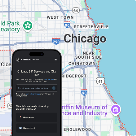 Chicago 311 Services interface showing city info and service requests